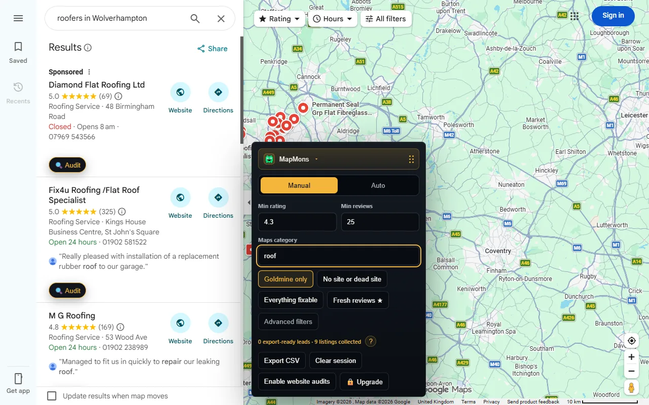 MapMons filter panel showing category presets over Google Maps