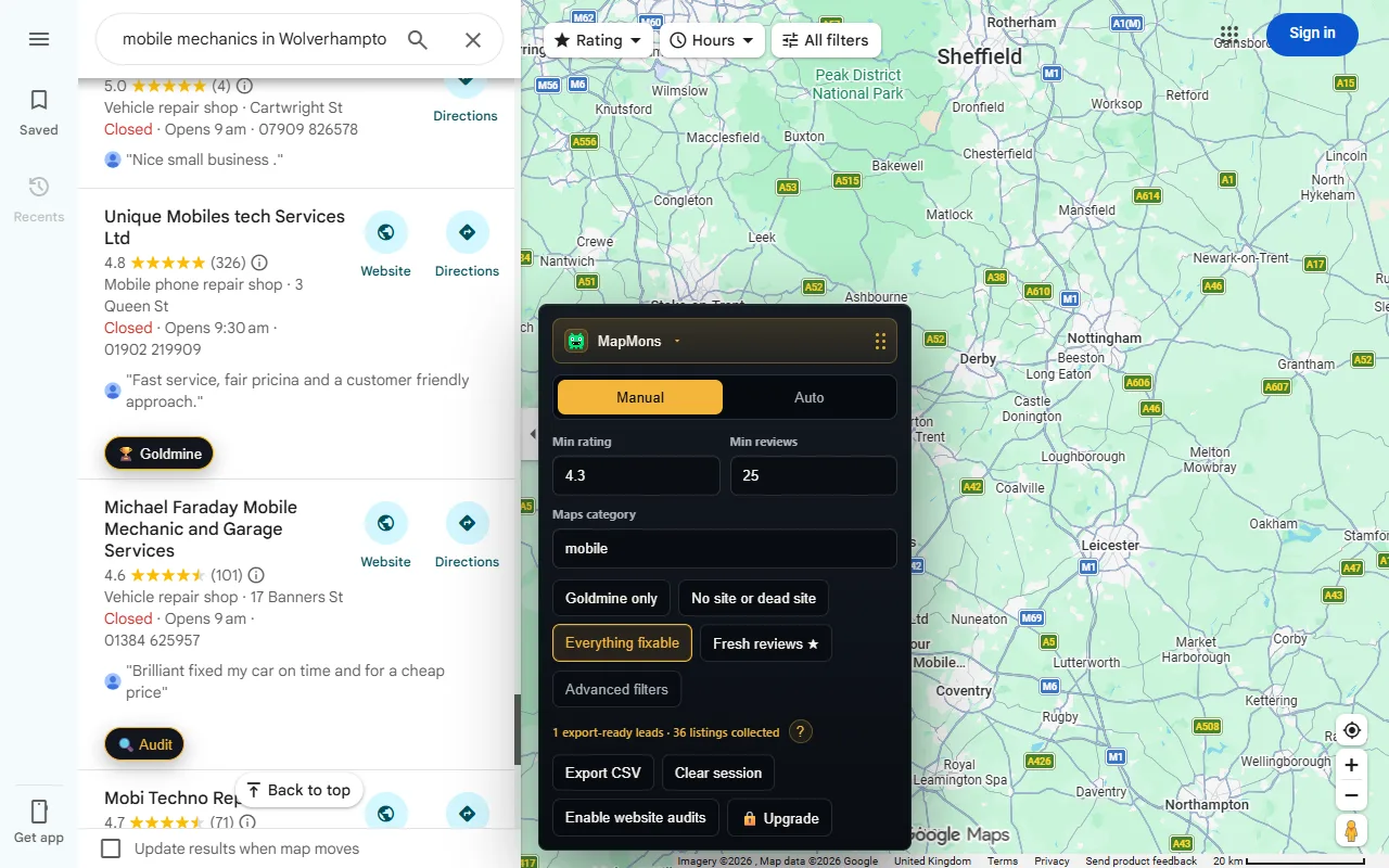 MapMons running on Google Maps with a Goldmine badge, lead filters, and an Export CSV action